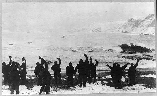 Shackleton's expedition to the Antarctic lost party on Elephant Island saved at last. Antarctica Elephant Island, ca. 1916.
