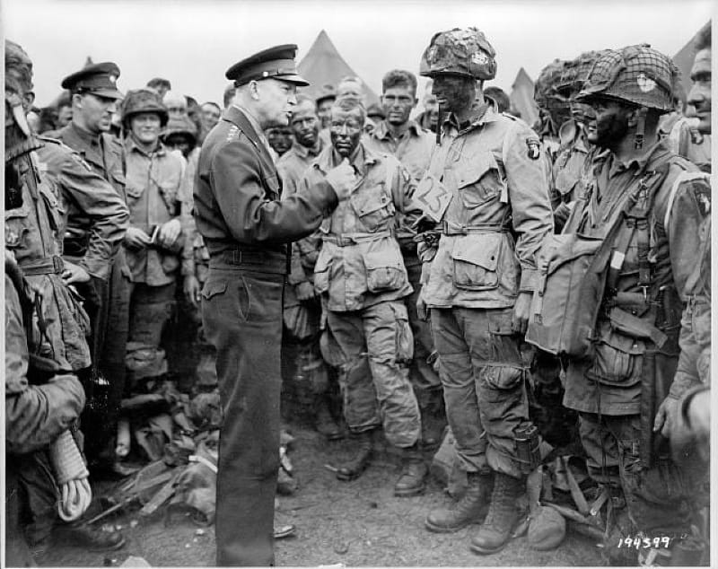 General Dwight Eisenhower with paratroopers, just before they board their airplanes on D-Day